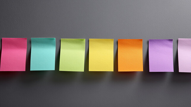 Colorful adhesive sticky notes on computer monitor edge for agile project management and spring office cleaning