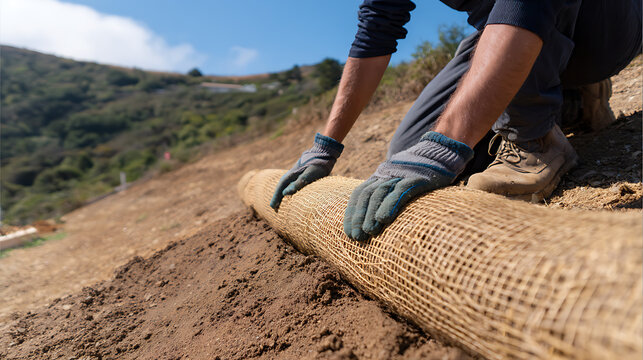 Worker Secure Erosion Control Blanket on Hillside Slope with Blue Sky, Manually Position Sediment Barrier, Soil Stabilize for Landscaping Project