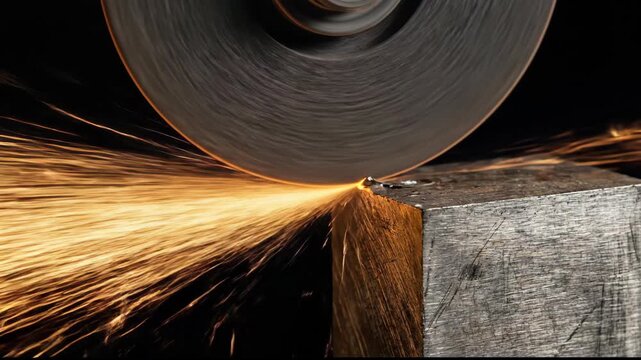 Grinding wheel sparks flying on metal block. Industrial cutting sequence showing tool in action. Machining and fabrication process for metalwork repair.