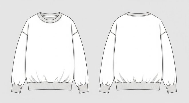 Front and back view line art technical drawing of an oversized casual sweatshirt with ribbed cuffs and hem design template