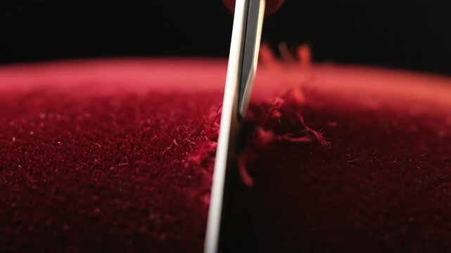 Sharp knife slicing into red velvet fabric. Close-up view of blade cutting through soft textured material. Crafting or tailoring process demonstration with visible threads.
