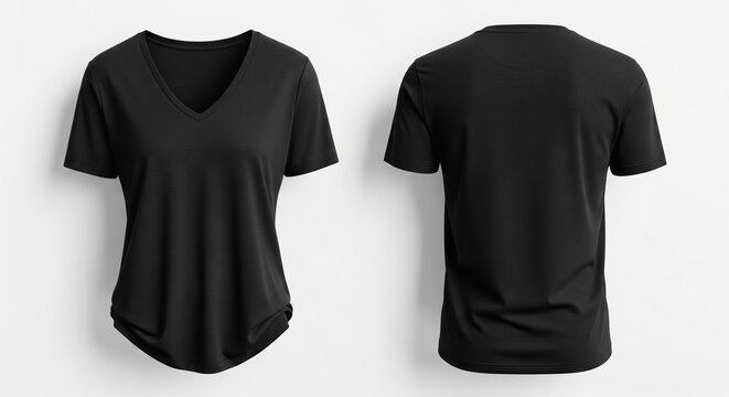 Front and back view of a black v-neck t-shirt for women simple casual style short sleeves apparel for everyday wear on plain background