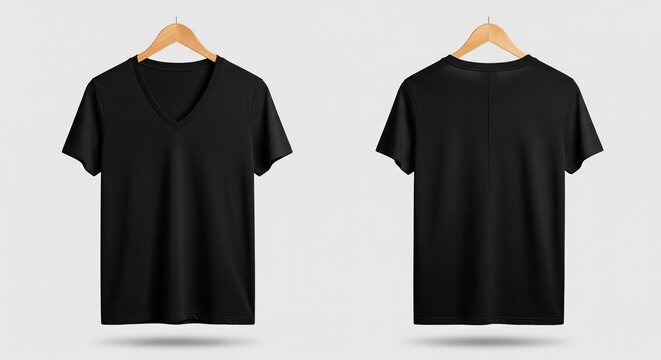 Front and back view of a black V-neck t-shirt on a wooden hanger professionally styled for product presentation and online retail mockup; fashion mockup