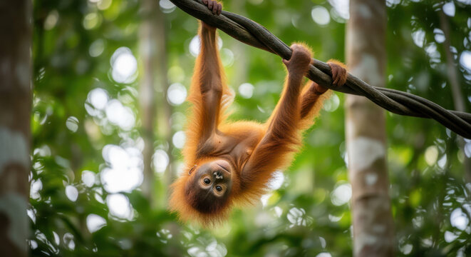 An orangutan hangs upside down from a rope in a lush forest with green foliage.