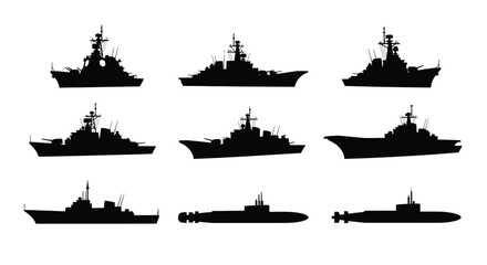 Silhouettes of various naval warships and submarines against a white background © freelancer