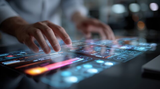 Hands Interacting with Futuristic Holographic Digital Interface