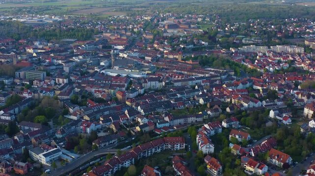 Aerial view of the city Bruchsal in Germany on a cloudy spring day 