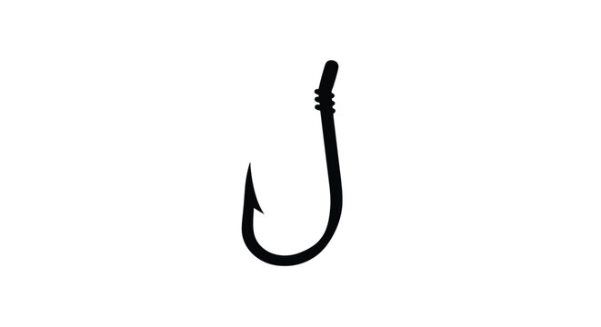 A simple black silhouette of a curved fishing hook on white