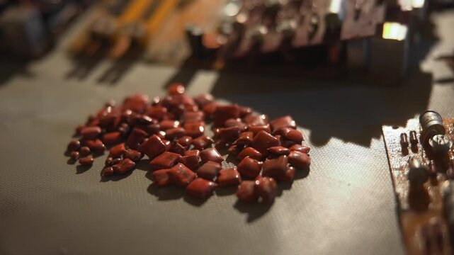 Closeup Of Circuit And Capacitors. Electronic Workbench Featuring Capacitors And Modules Detailed. Media