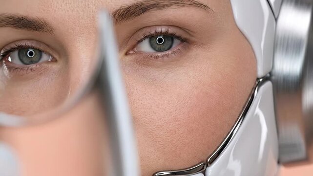 Woman with cybernetic facial implants in close-up sequence. Female cyborg blinking eyes showing emotions. Futuristic human-robot augmentation technology. Sci-fi interface and digital enhancement