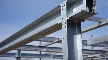 Naklejka premium Industrial Galvanized Steel Beam Construction Framework Against a Clear Blue Sky, Detail View of Metal Structure for Building Foundation