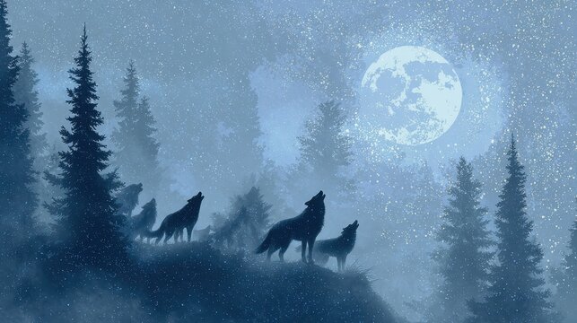 Magical Wolf Pack Crossing a Moonlit Ridge in Twilight Mist