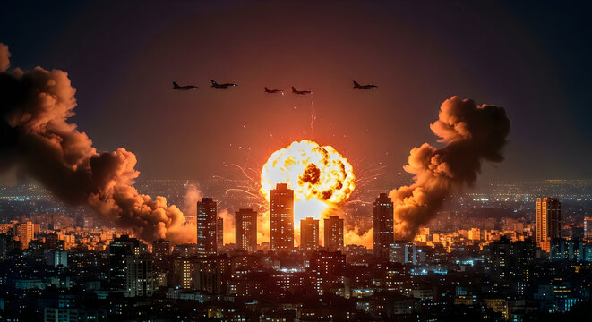 A dramatic nighttime scene showing a massive explosion in a city with fighter jets flying above