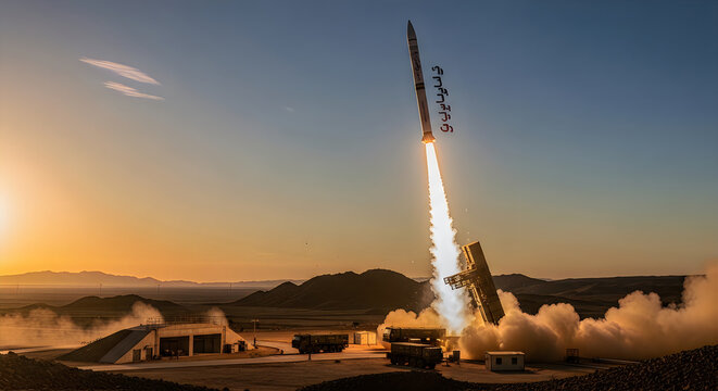 A military ballistic missile launches into the sky from a remote desert facility at sunset hour