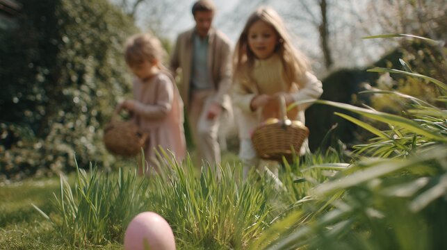 children hunt easter eggs in a garden
