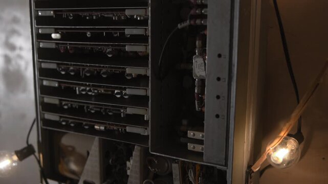 Technical Equipment Maintenance. Closeup Of Mining Rig With Luminous Bulbs And Dusty Graphics Cards. Media