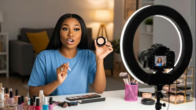 african american beauty influencer holding makeup compact and recording cosmetic review. woman vlogger creating tutorial video with camera and ring light. social media blog, vlog, vlogging