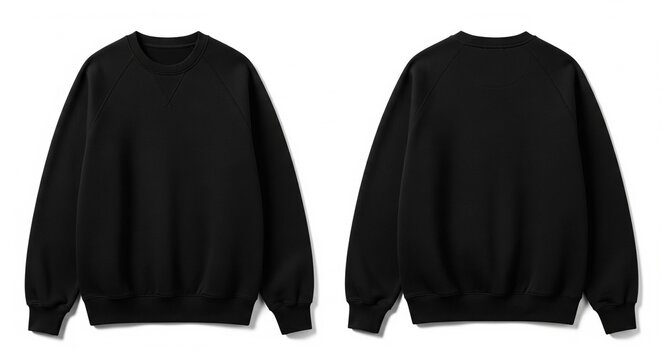 Front and back view of a classic black crewneck sweatshirt on a white backdrop offering style and design versatility for mockups and customization