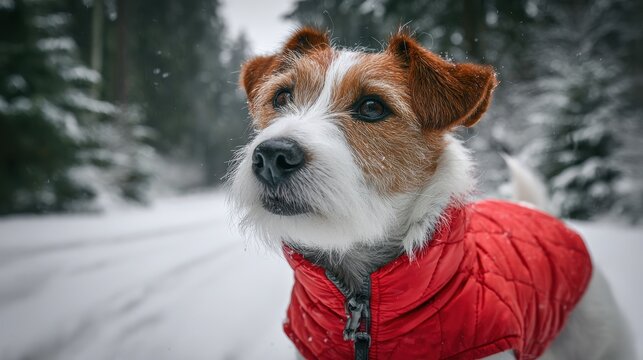 Adventurous dog in a red winter coat exploring a snowy landscape