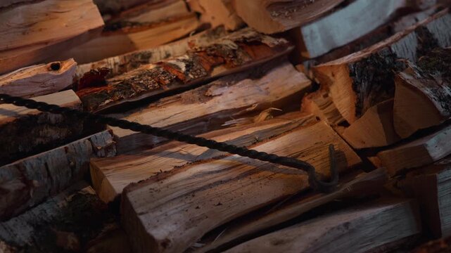 Rough Timber And Textured Bark Details. Detailed Logs With Sawmill Ambiance And Warm Highlights. Media