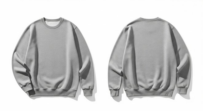 Front and back view of a plain gray cotton sweatshirt with ribbed cuffs and hem simple crew neck style for casual wear and fashion apparel