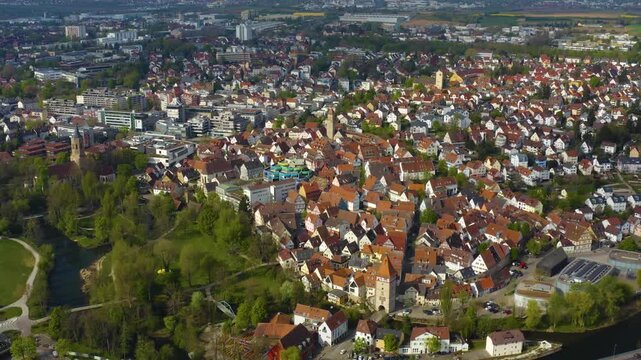 Aerial view of the city Waiblingen in Germany on a sunny spring day 