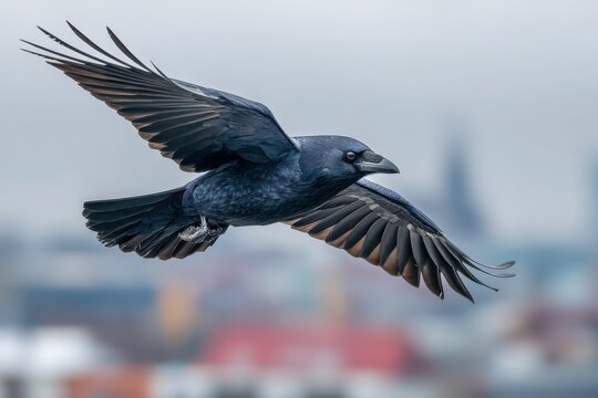Carrion crow in flight over a gray London skyline, wings spread in moody urban light
