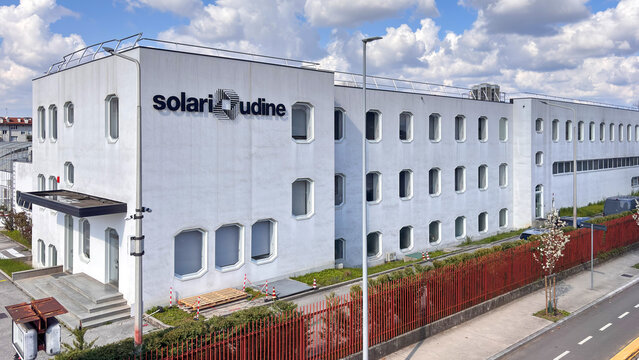 headquarters of Solari di Udine S.p.A., a world leader in public information systems and industrial clockmaking. Udine, Italy, March 13, 2026
