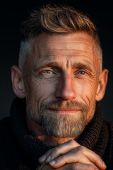Obraz premium Confident middle aged man portrait in warm golden hour light with natural skin texture and calm expression
