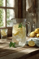 Fototapeta premium Close-up of a refreshing lemonade pitcher with mint and ice in bright natural light