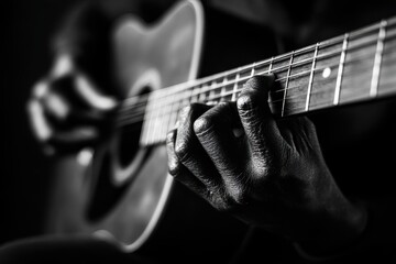 Fototapeta premium Monochrome portrait of fingers on guitar neck, intimate musical moment