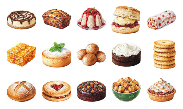 Watercolor collection of traditional Irish desserts and festive sweets