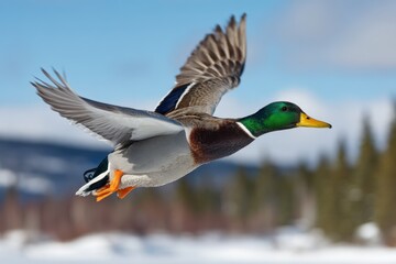 Obraz premium Bird in motion: duck in flight over snowy terrain with distant trees in winter daylight