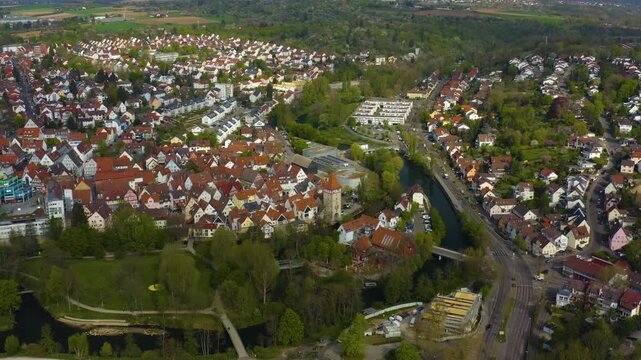 Aerial view of the city Waiblingen in Germany on a sunny spring day 