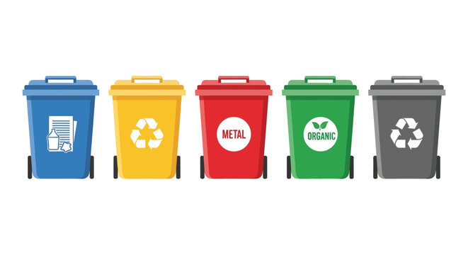 Five colorful recycling bins displaying paper plastic metal organic and general waste symbols a flat vector silhouette high quality professional detailed