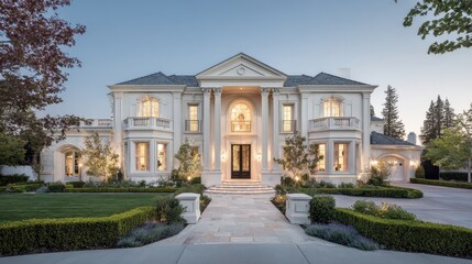 Obraz premium Elegant estate: pristine white residence with symmetrical faÃ§ade, columns, and formal gardens