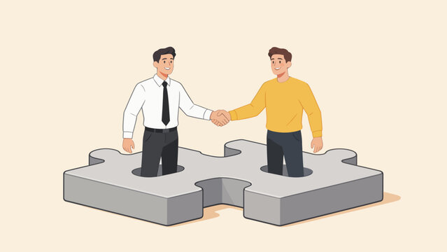 Two men shaking hands on puzzle pieces