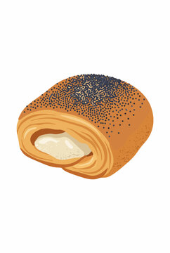 Isolated digital illustration of a poppy seed pastry with cream filling
