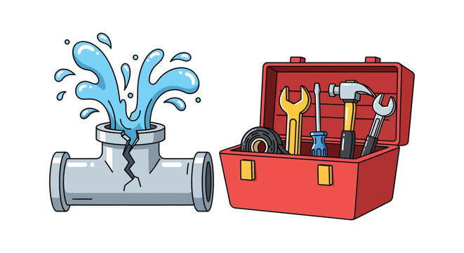 A broken pipe gushes water near an open toolbox filled with plumbing and repair tools silhouette high quality professional detailed modern