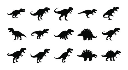 A collection of black dinosaur silhouettes depicting various species including tyrannosaurus rex and stegosaurus silhouette high quality professional detailed modern elegant © rabbivay
