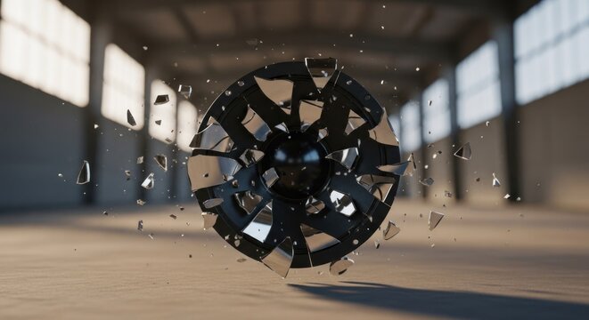 Shattered dark sphere with shiny shards exploding in an industrial space