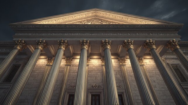 Monumental neoclassical building facade rendered in 3D with stone texture and columned architecture