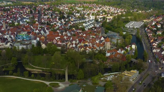 Aerial view of the city Waiblingen in Germany on a sunny spring day 