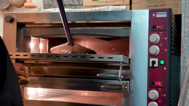 Putting Pizza With A Peel In A Modern Electric Oven, Pizza Making Process Video