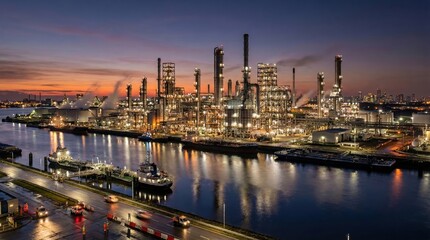 Naklejka premium Industrial Port at Dusk with Illuminated Refineries and Vessels
