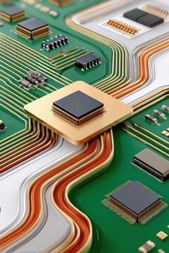 Close-up view of a gold-traced circuit board with microchips, connectors, and compact components