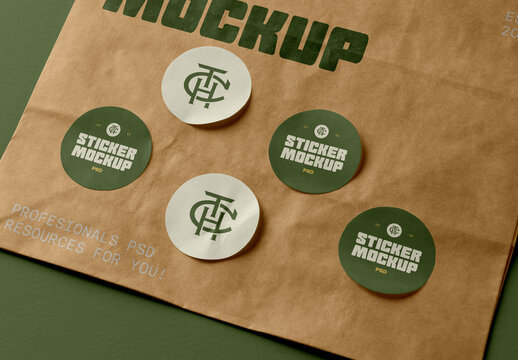 Five Sticker with Bag Mockups