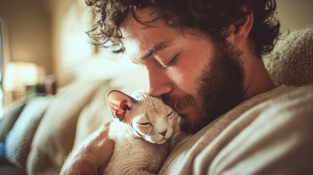 Bearded man hugs Devon Rex kitten in a warm cozy indoor portrait