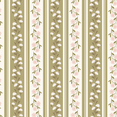 Rustic cottagecore repeating seamless pattern background with flowers, stripes, lines. For fabric, nursery, stationery, home and kitchen ware products. © saltoli