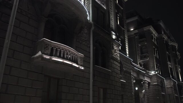 Snowcovered Balustrades And Vertical Cornices Enhance Cinematic Atmosphere Of Illuminated Cityscape. Media